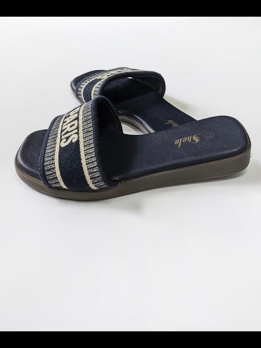 ⚡Girls SHEIN Navy Slide Sandals with 'PARIS' Cream Woven Band